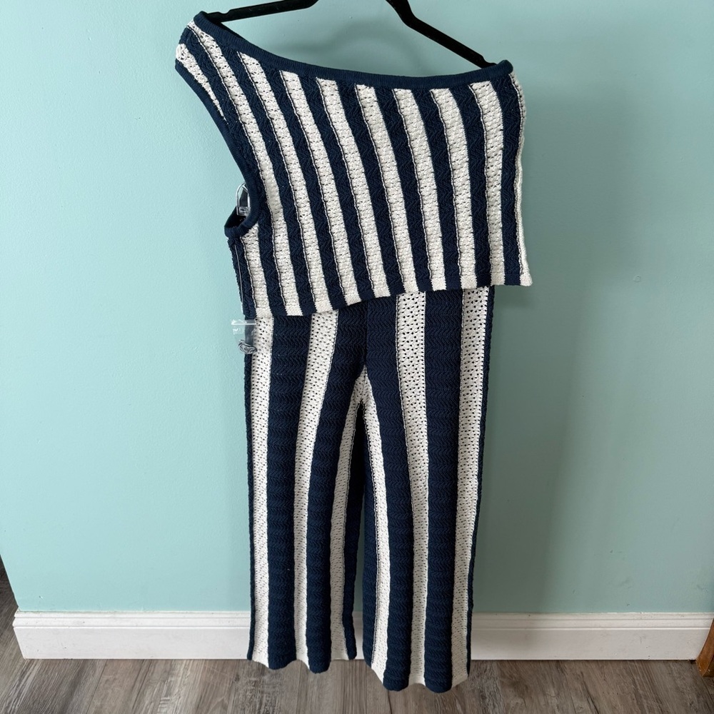 Free People Joan Fauxchet Crochet Set Size S One Shoulder Top Low Rise wide Leg - Picture 10 of 16